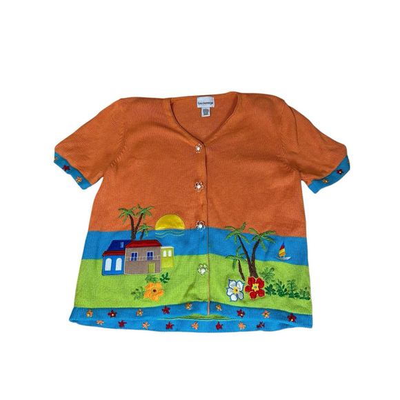 Breckenridge Sweaters - Breckenridge Vintage Beach Embroidered Cardigan Sweater Spring Orange Cottage M
